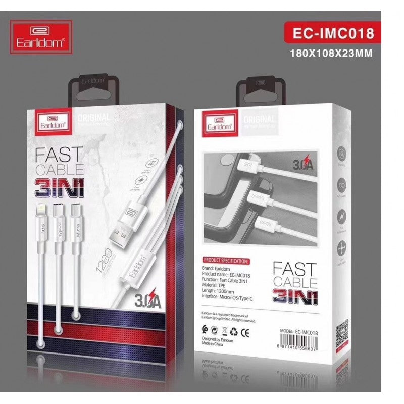 EARLDOM 3 IN ONE 1.2 Meter DATA CABLE MICRO LIGHTNING TYPE-C FAST CHARGING EC IMC018 EARLDOM 3 IN ONE 1.2 Meter DATA CABLE MICRO LIGHTNING TYPE-C FAST CHARGING EC IMC018